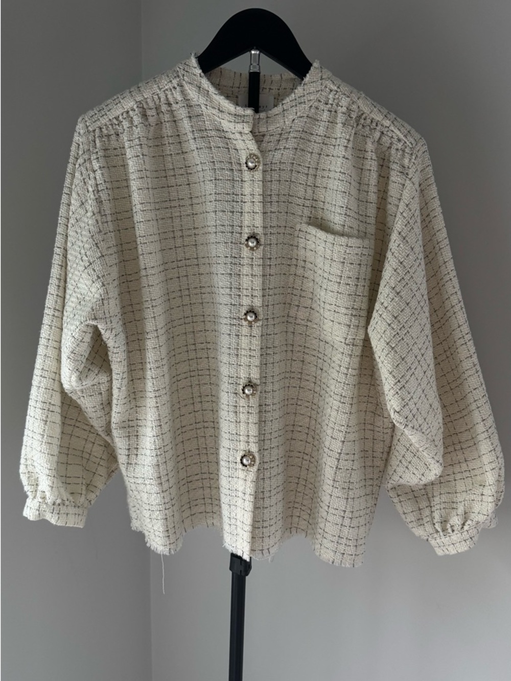 SUNDAYS Cream Tweed Button-Up Jacket with Pearl & Rhinestone Buttons